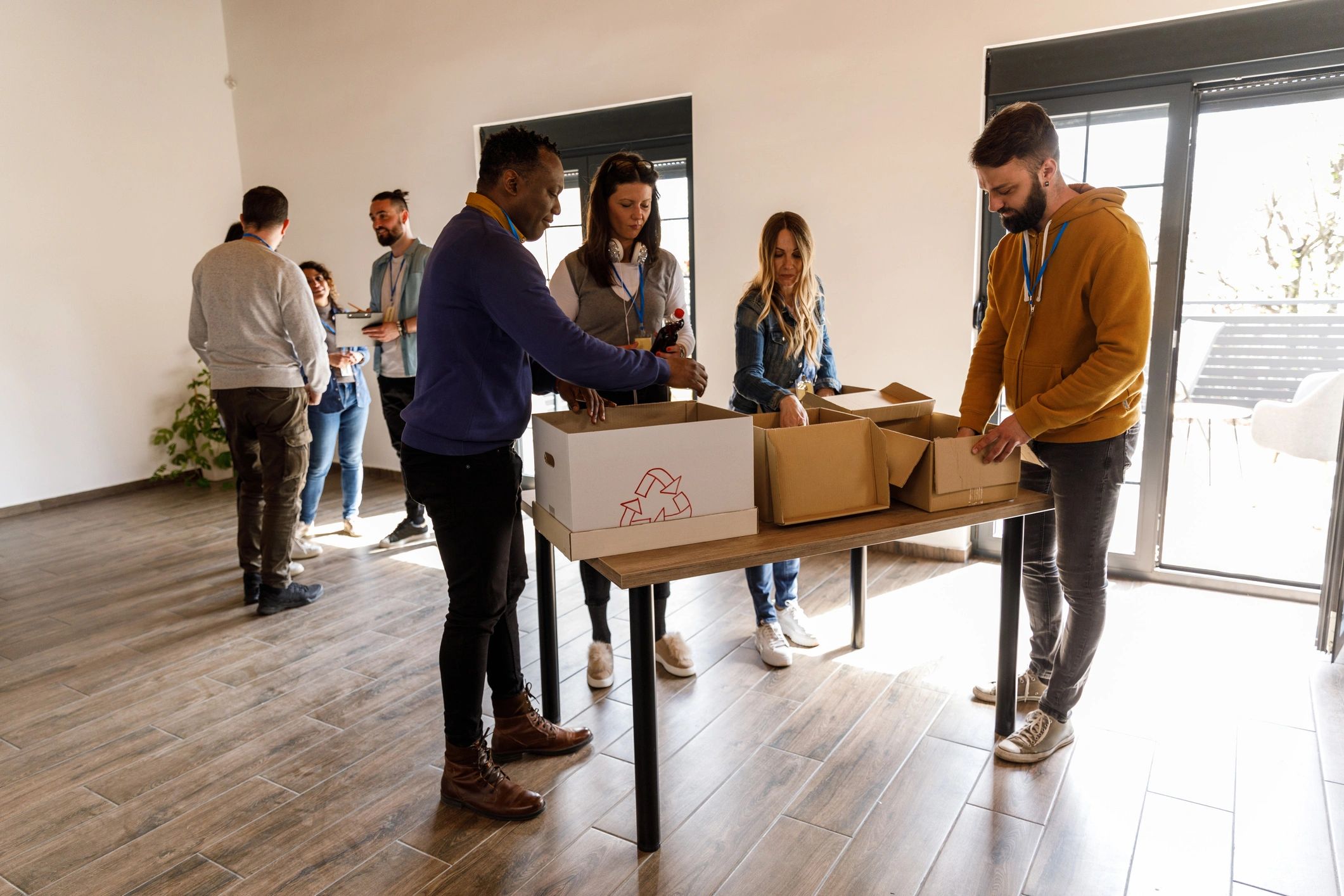 Team handling organized box moving work